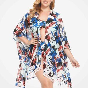 AS ROSE RICH BLACK CORAL BLUE TASSLE TRIMMED SWIM COVER SIZE 1X NWT